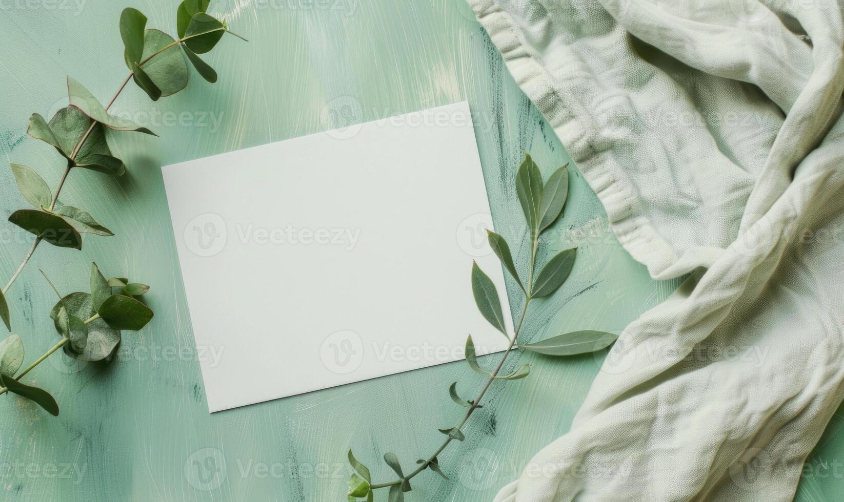 White blank card on a pastel mint green table, with a sprig of eucalyptus and a linen cloth photo