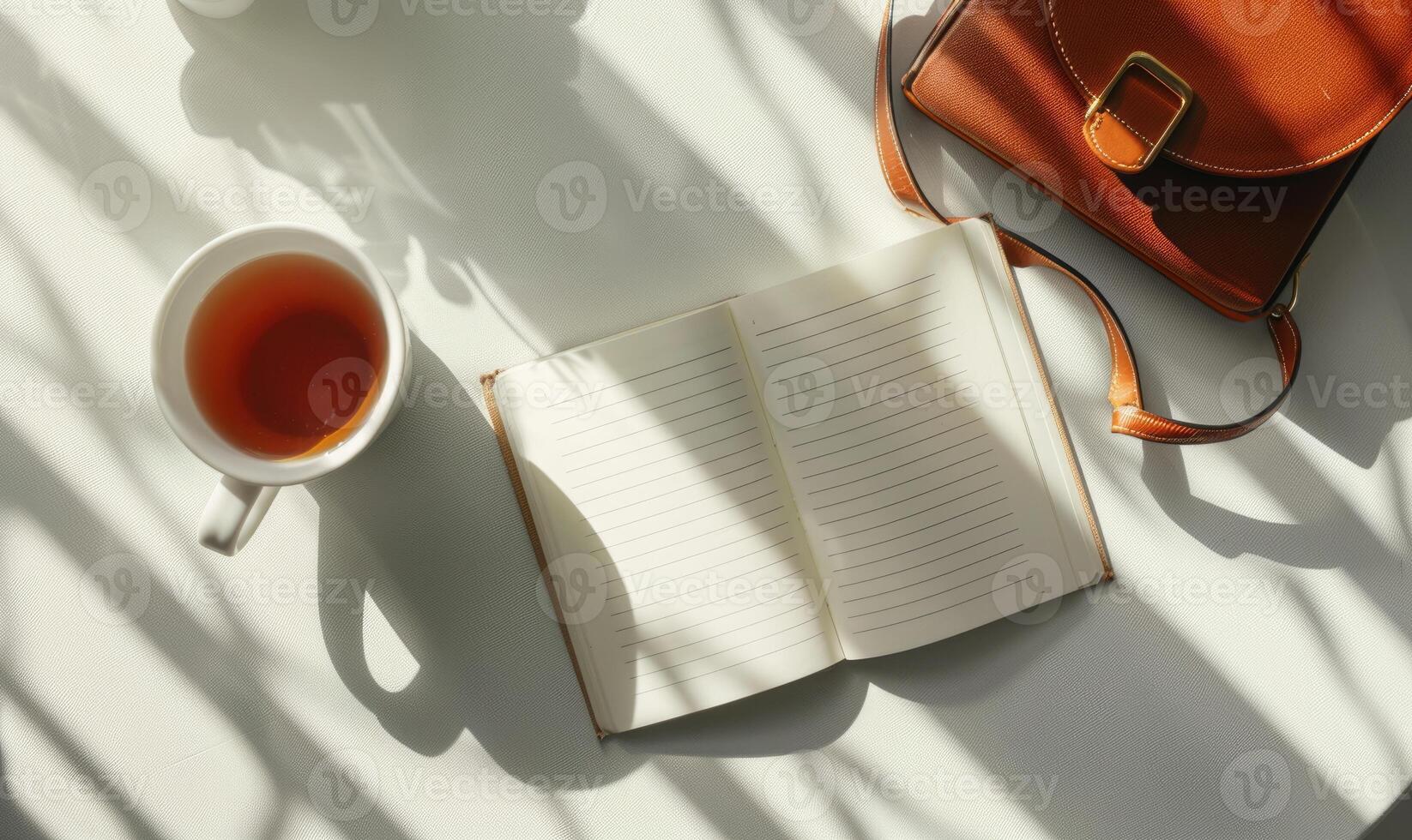 Closed notebook on a light gray table with a cup of tea on the left and a handbag on the right photo