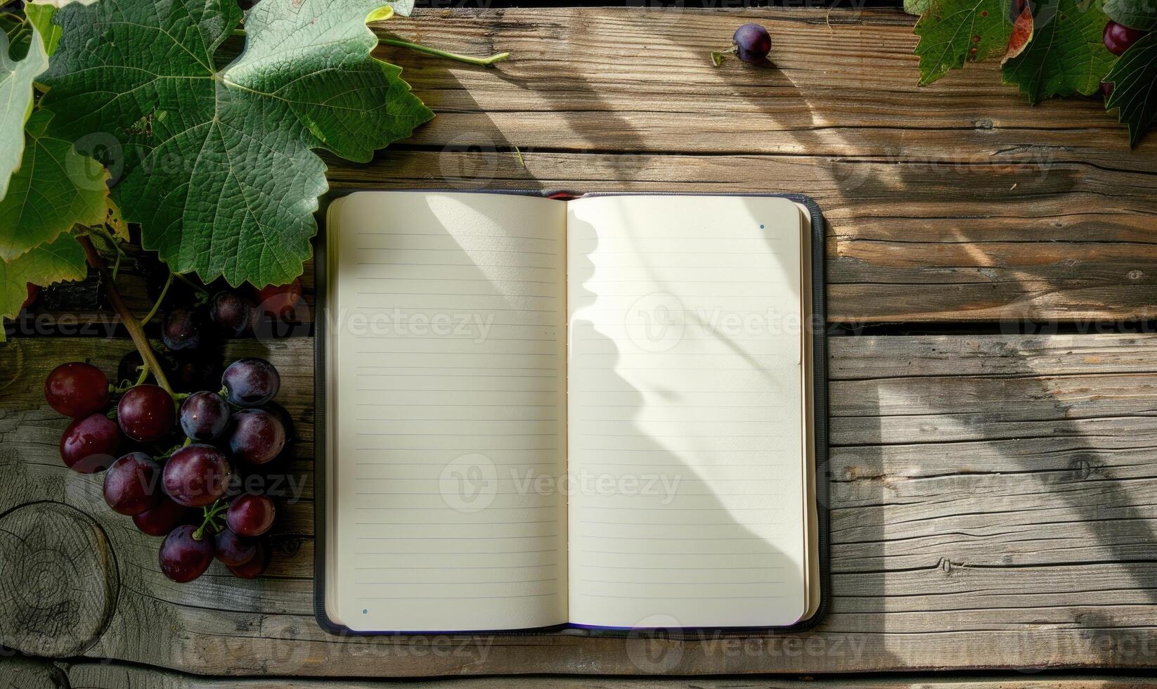 Notebook on a wooden table with a bunch of grapes photo