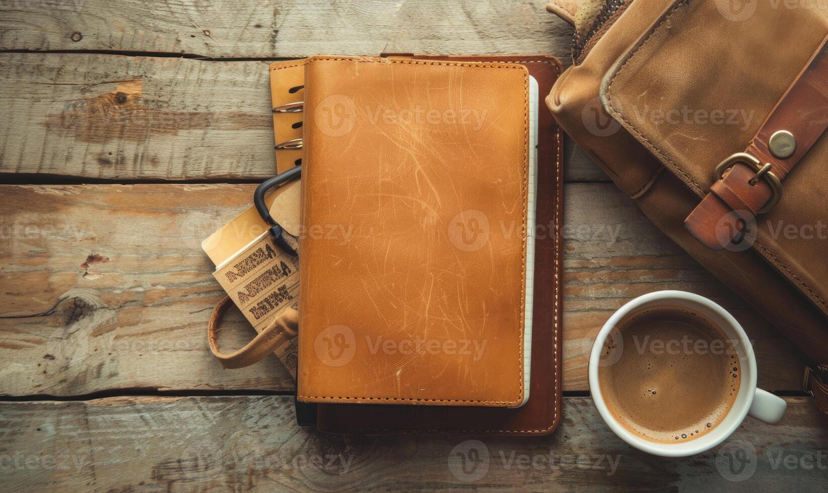 Notebook on a wooden table with a cup of tea and a handbag photo