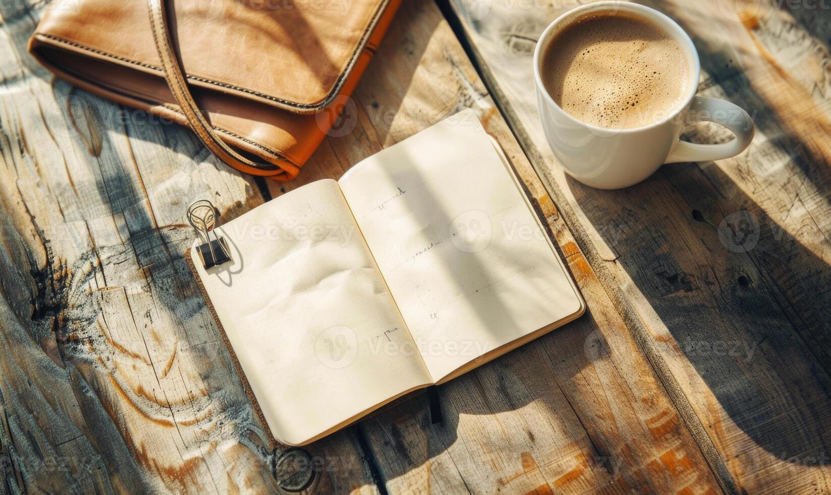 Notebook on a wooden table with a cup of tea and a handbag photo