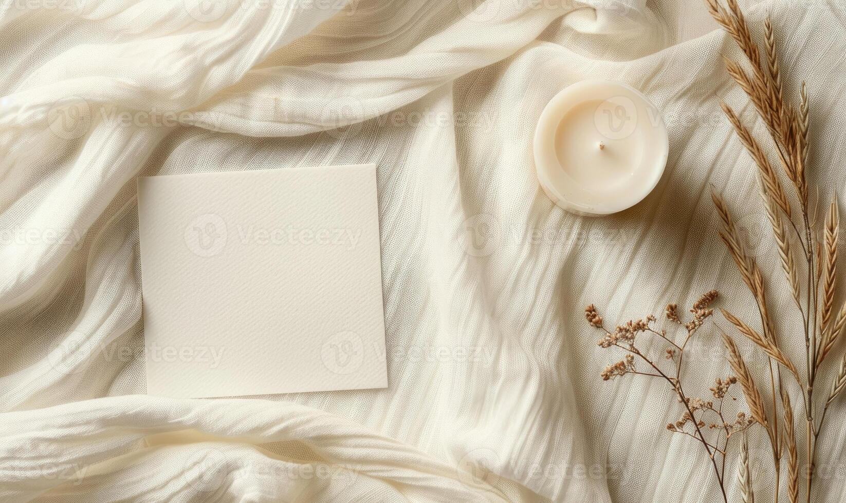 White blank card on a pastel cream background, with a piece of linen cloth and a handmade candle photo
