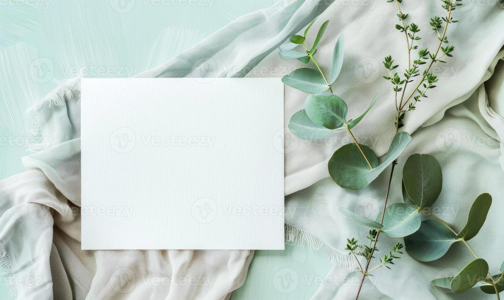 White blank card on a pastel mint green table, with a sprig of eucalyptus and a linen cloth photo