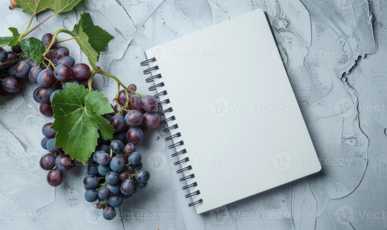 Closed notebook on a light gray table with a bunch of grapes photo
