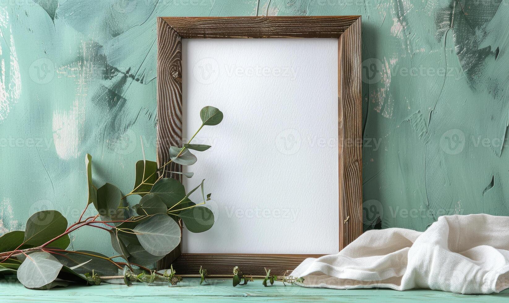 White blank card in a rustic wooden frame on a pastel mint green table, with a sprig of eucalyptus and a linen cloth photo