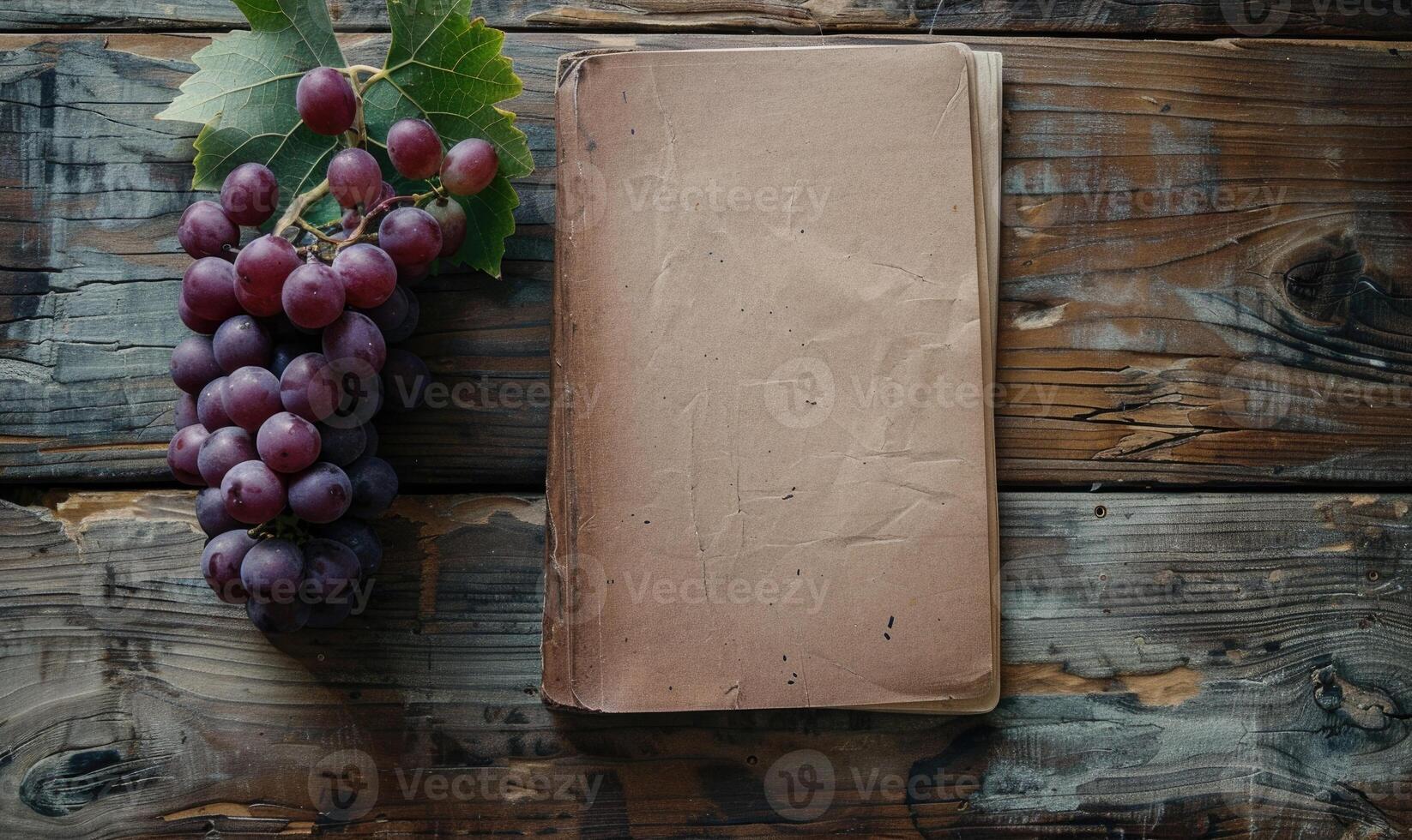 Notebook on a wooden table with a bunch of grapes photo