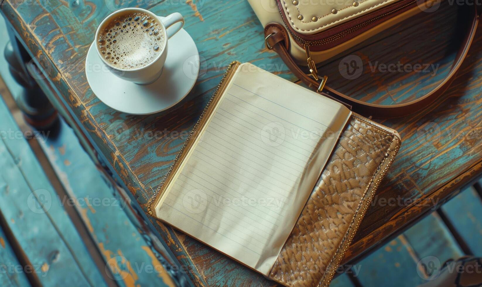 Notebook on a wooden table with a cup of tea and a handbag photo