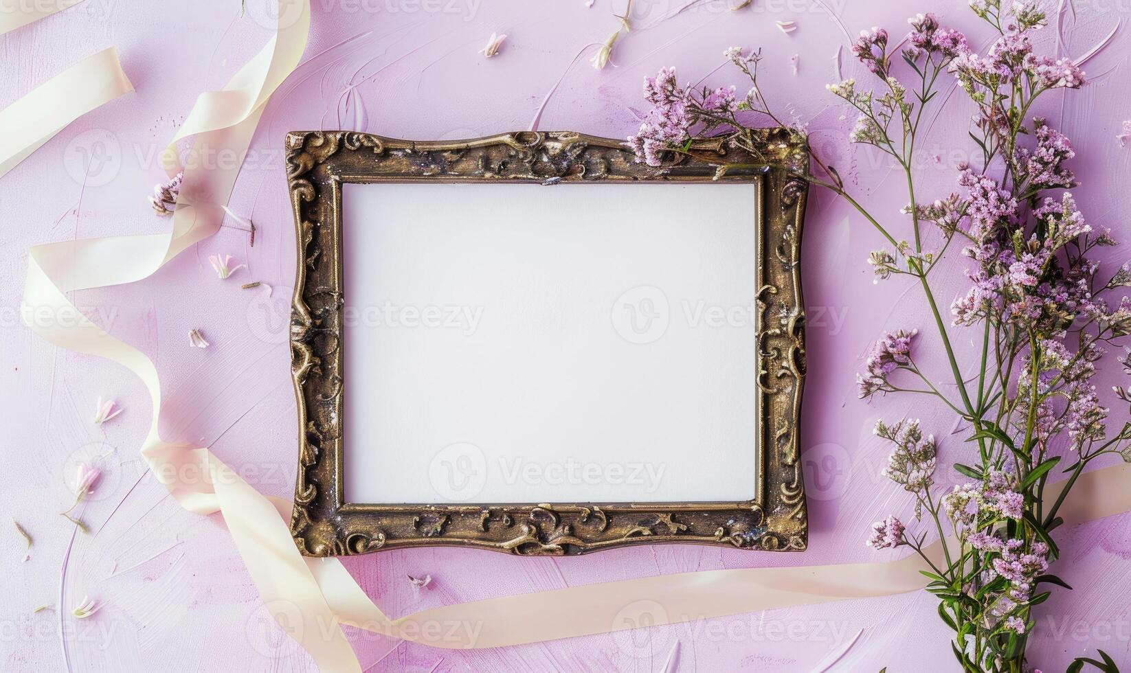 White blank card in a vintage bronze frame on a pastel lilac background, with a small bunch of wildflowers and a ribbon photo
