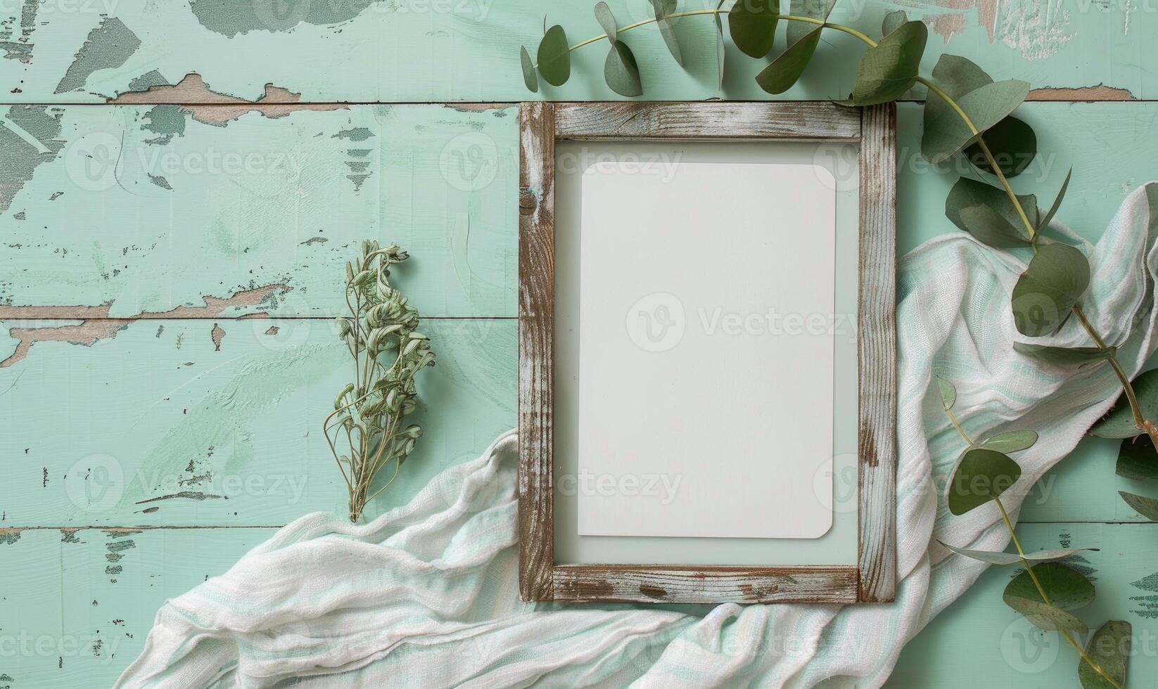 White blank card in a rustic wooden frame on a pastel mint green table, with a sprig of eucalyptus and a linen cloth photo