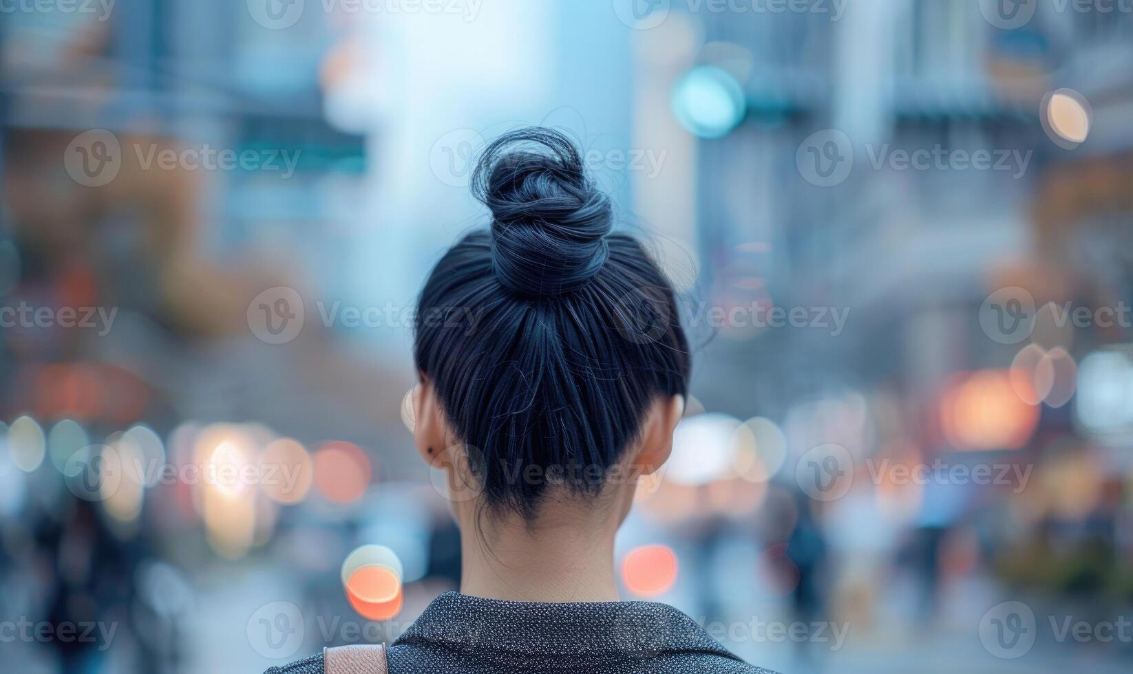 An elegant woman with short black hair, styled neatly in a bun, looking on the street photo