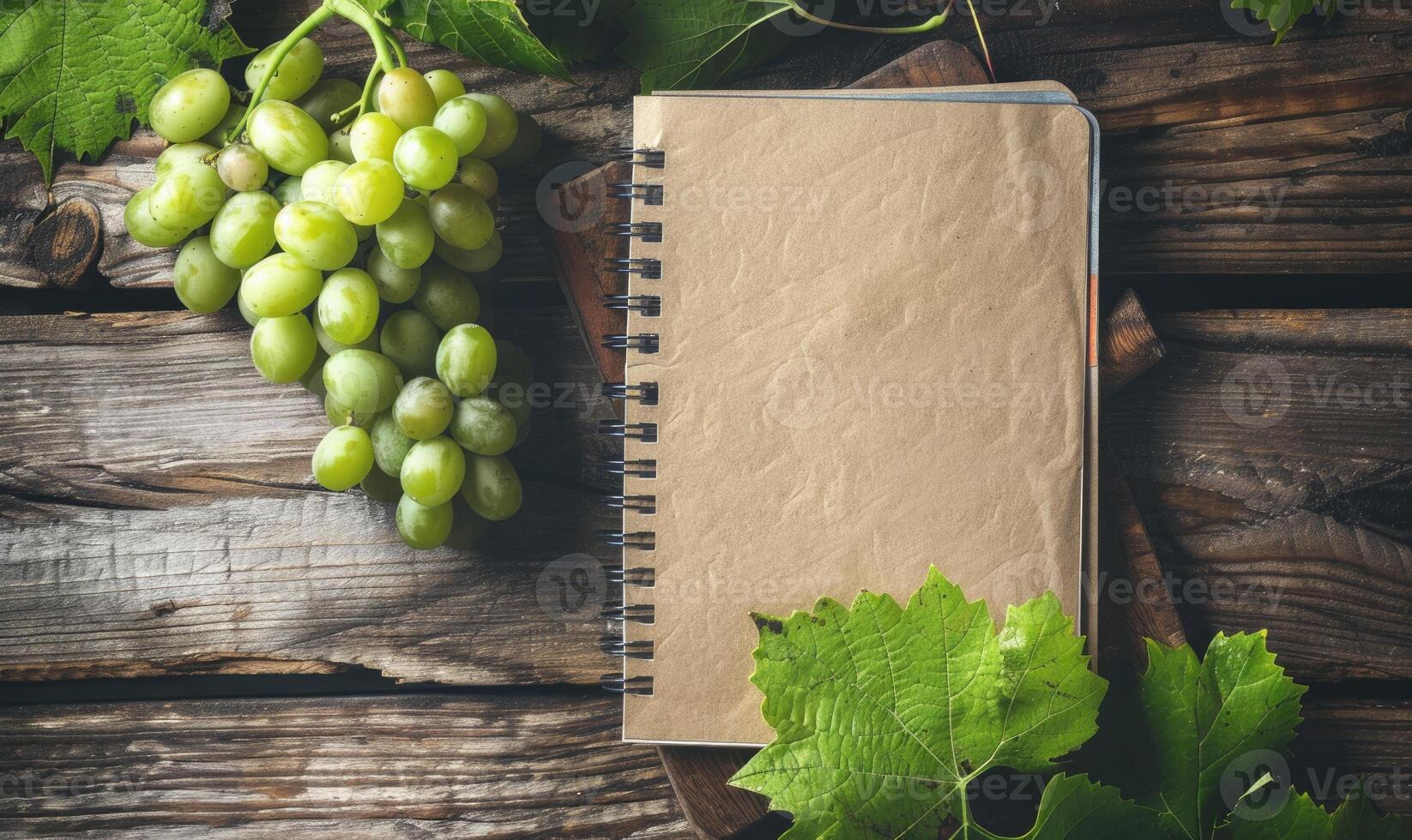 Notebook on a wooden table with a bunch of grapes photo
