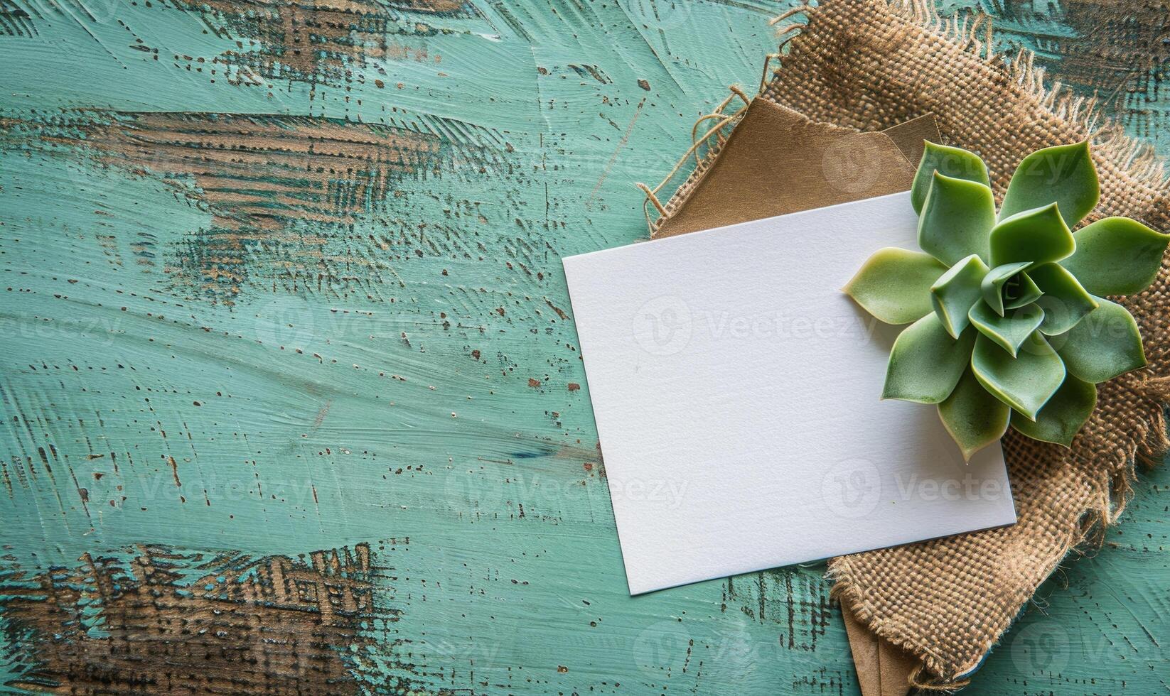 White blank card on a pastel green table, with a piece of burlap and a small succulent plant photo