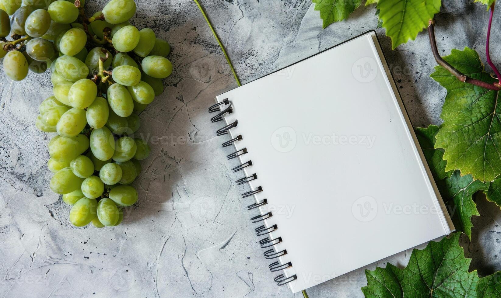 Closed notebook on a light gray table with a bunch of grapes photo