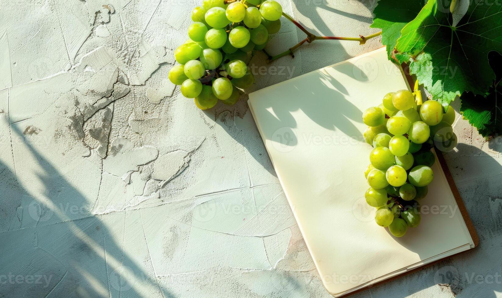Closed notebook on a light gray table with a bunch of grapes on the right photo