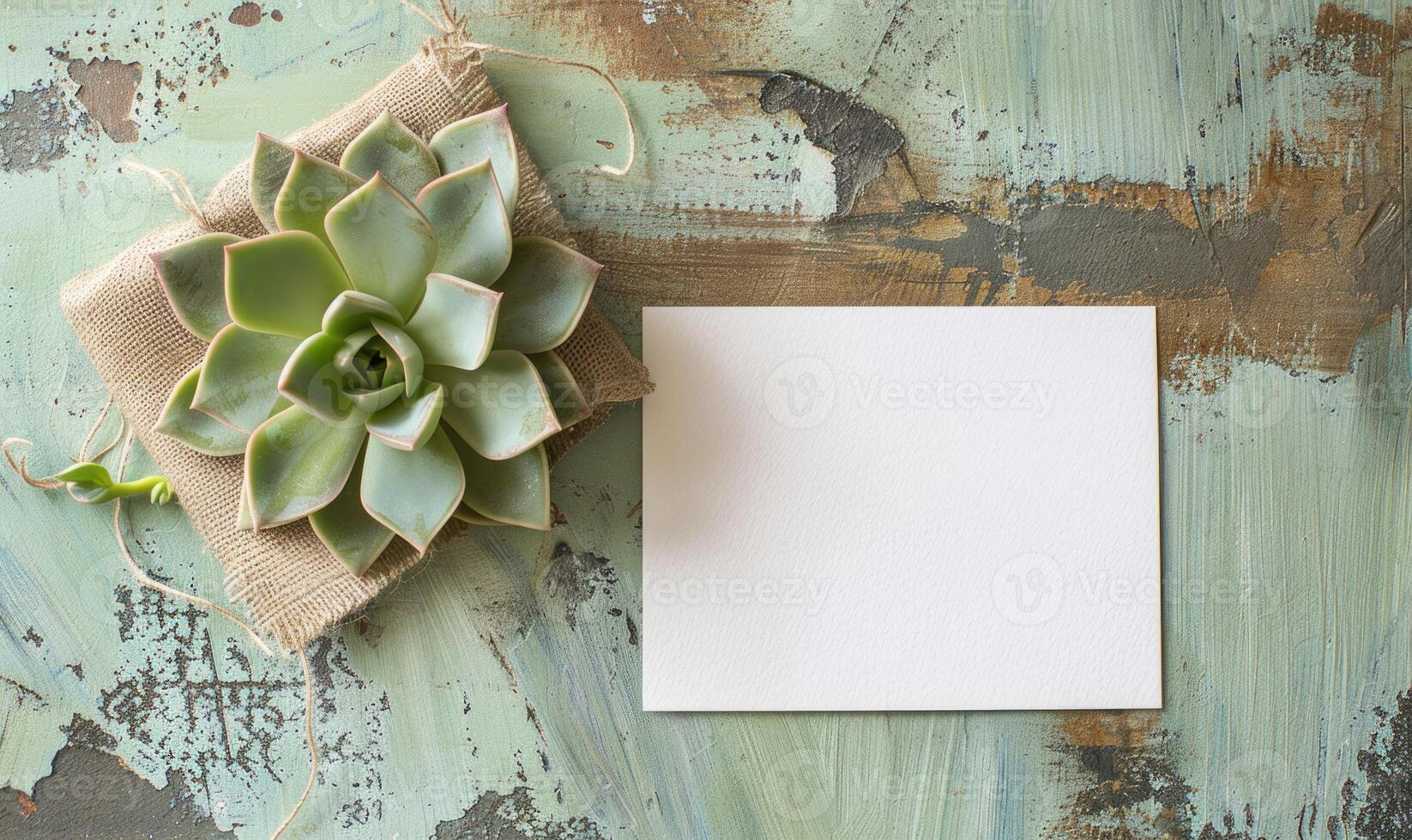 White blank card on a pastel green table, with a piece of burlap and a small succulent plant photo