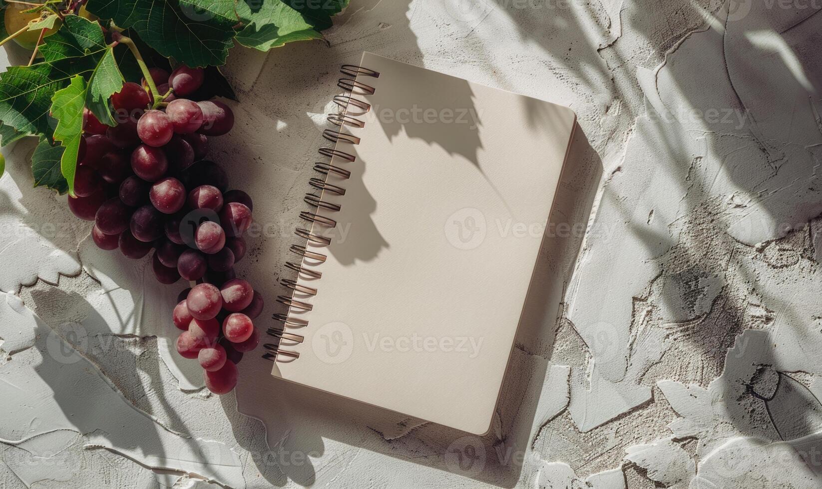 Closed notebook on a light gray table with a bunch of grapes on the left photo