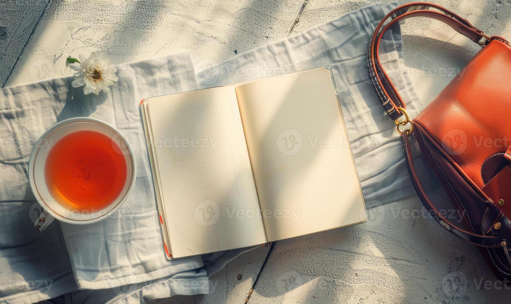 Closed notebook on a light gray table with a cup of tea and a handbag photo