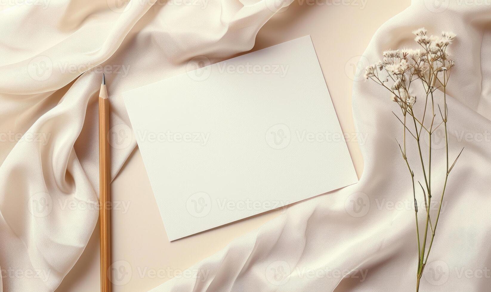 White blank card in a minimalist silver frame on a pastel cream background, with a wooden pencil and a silk scarf photo