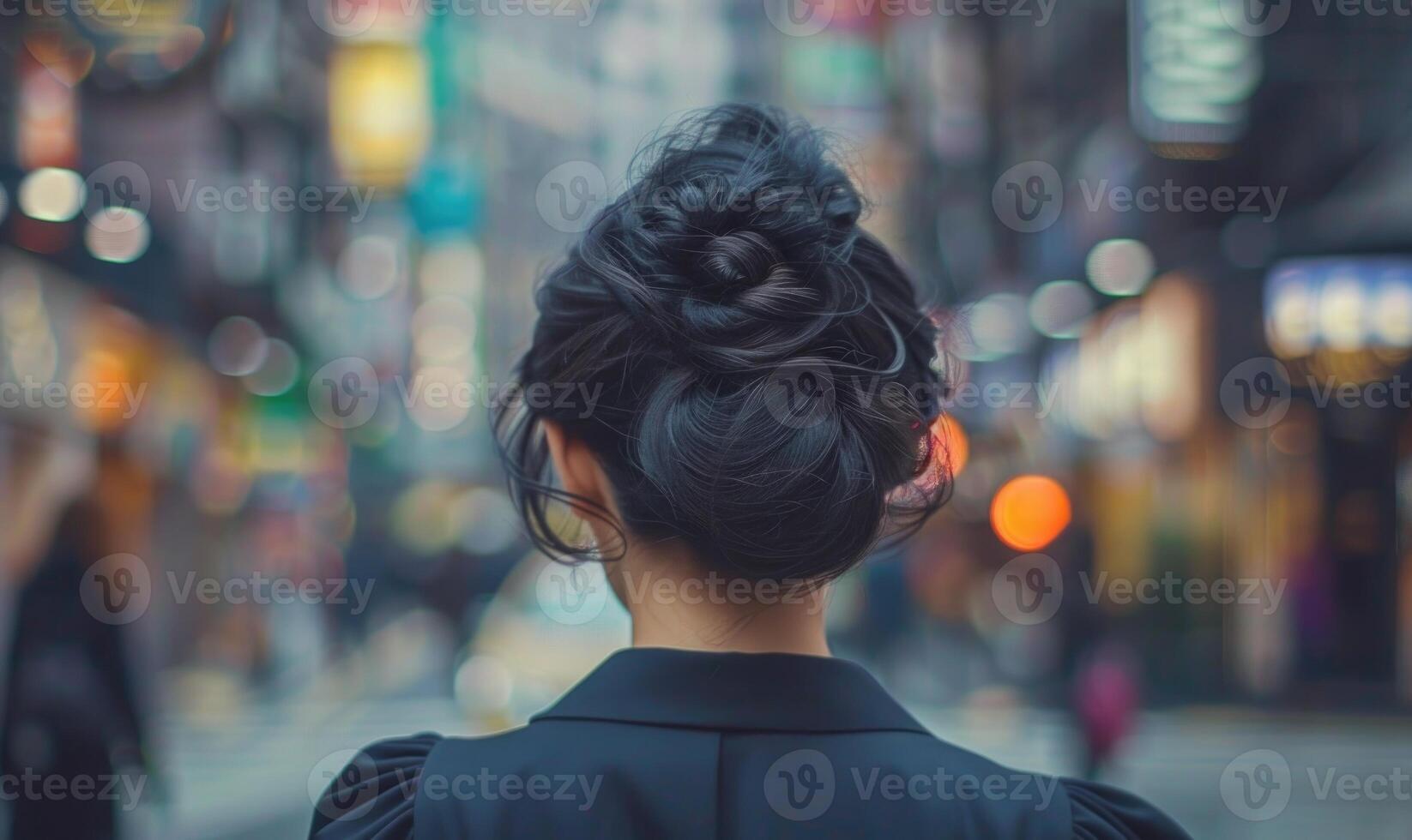An elegant woman with short black hair, styled neatly in a bun, looking on the street photo