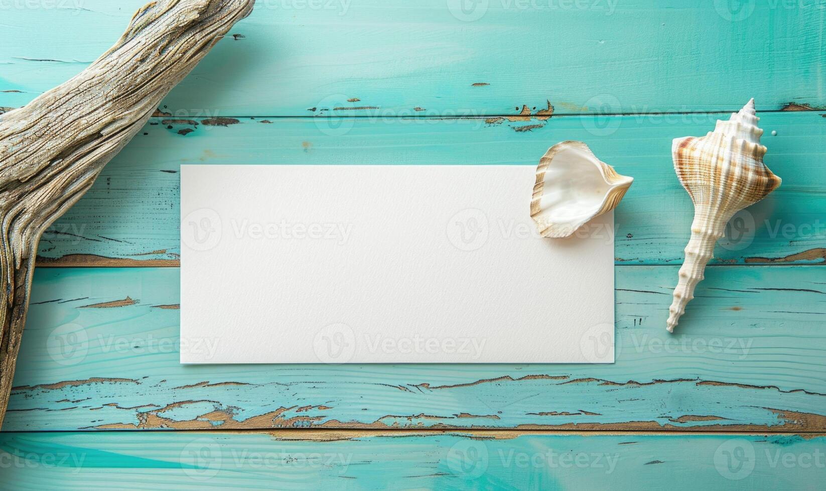White blank card on a pastel turquoise background, with a seashell and a piece of driftwood photo