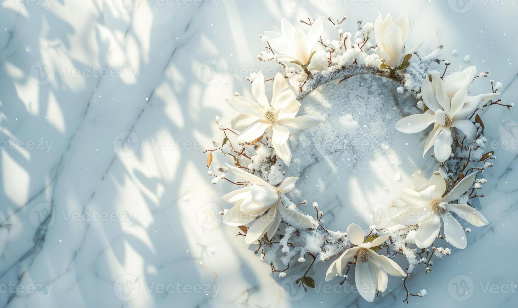 White magnolia wreath and snow on white marble background photo