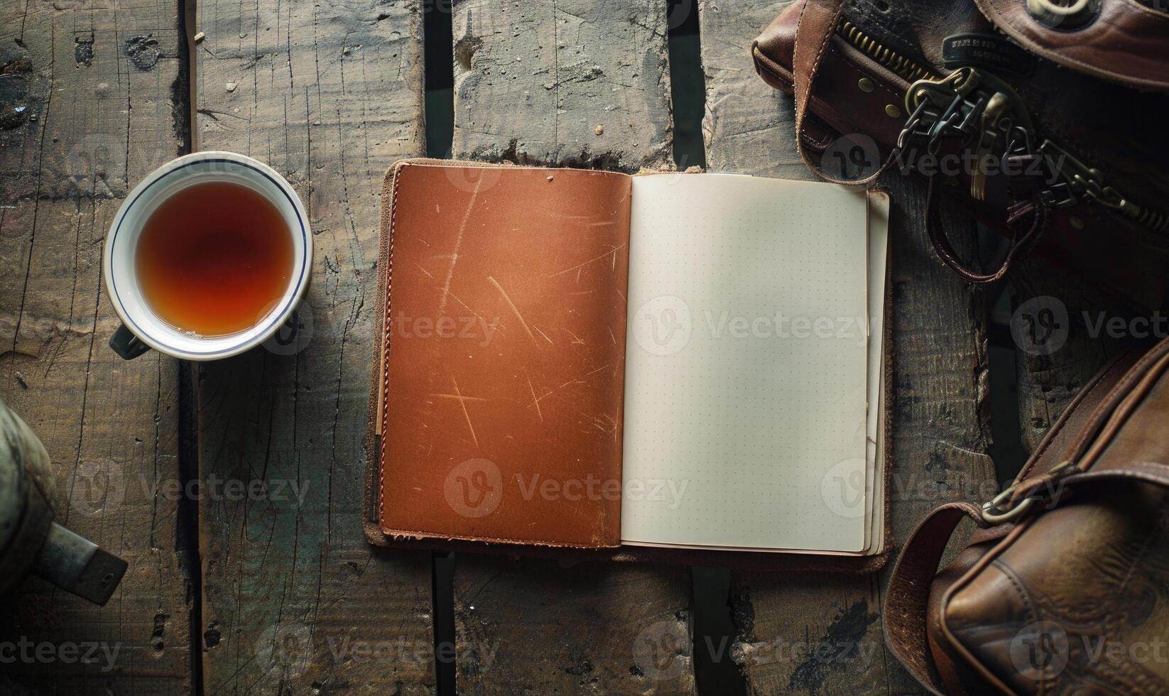 Notebook on a wooden table with a cup of tea and a handbag photo