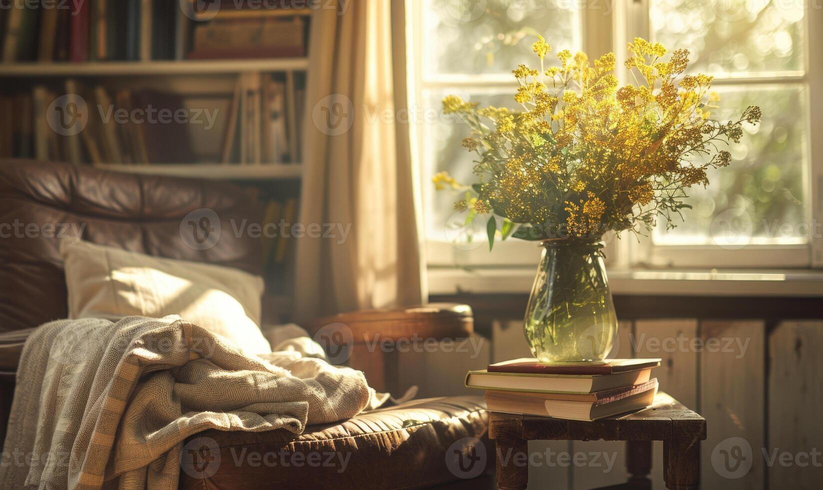 A cozy reading corner bathed in warm afternoon light photo