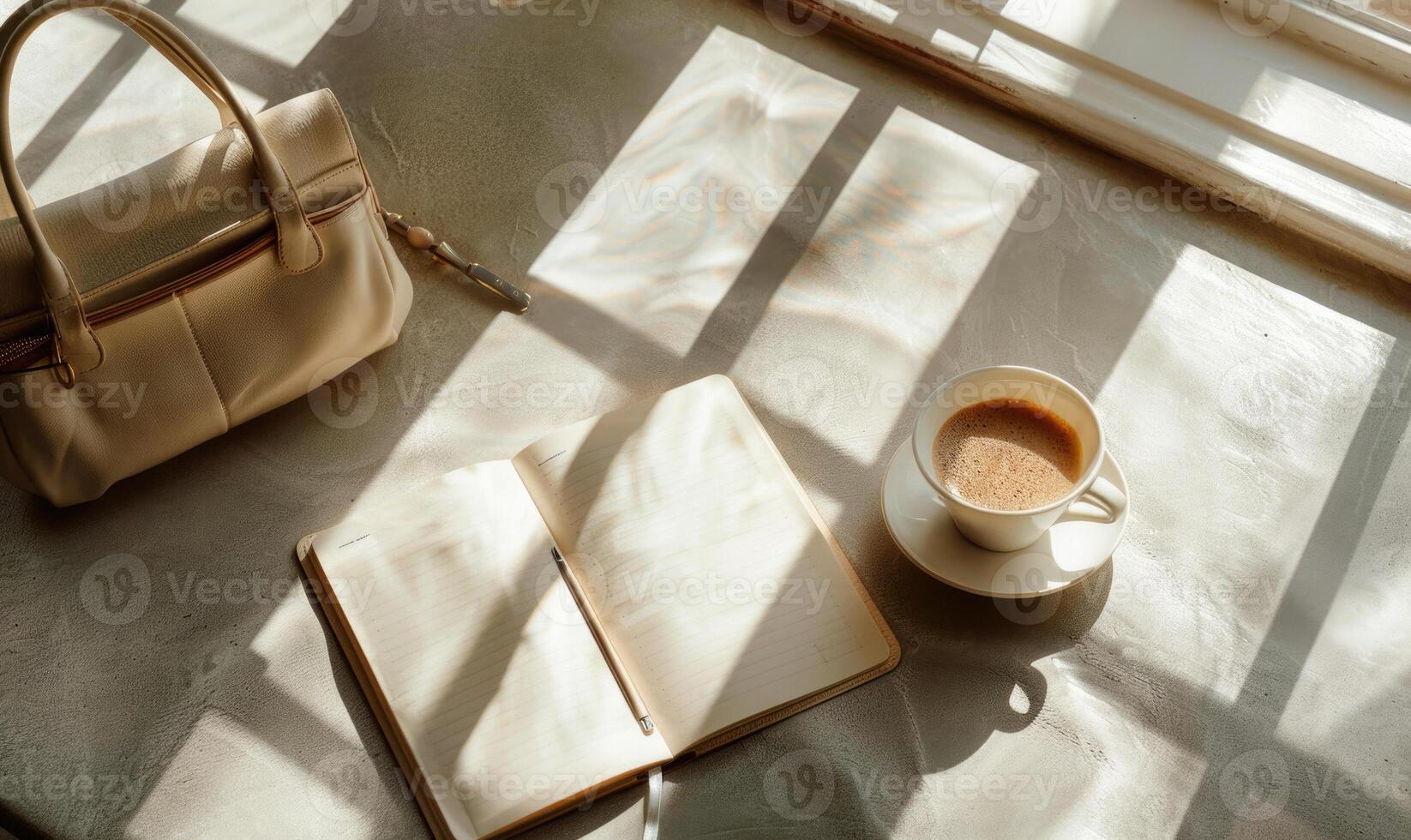 Closed notebook on a light gray table with a cup of tea on the right and a handbag on the left photo