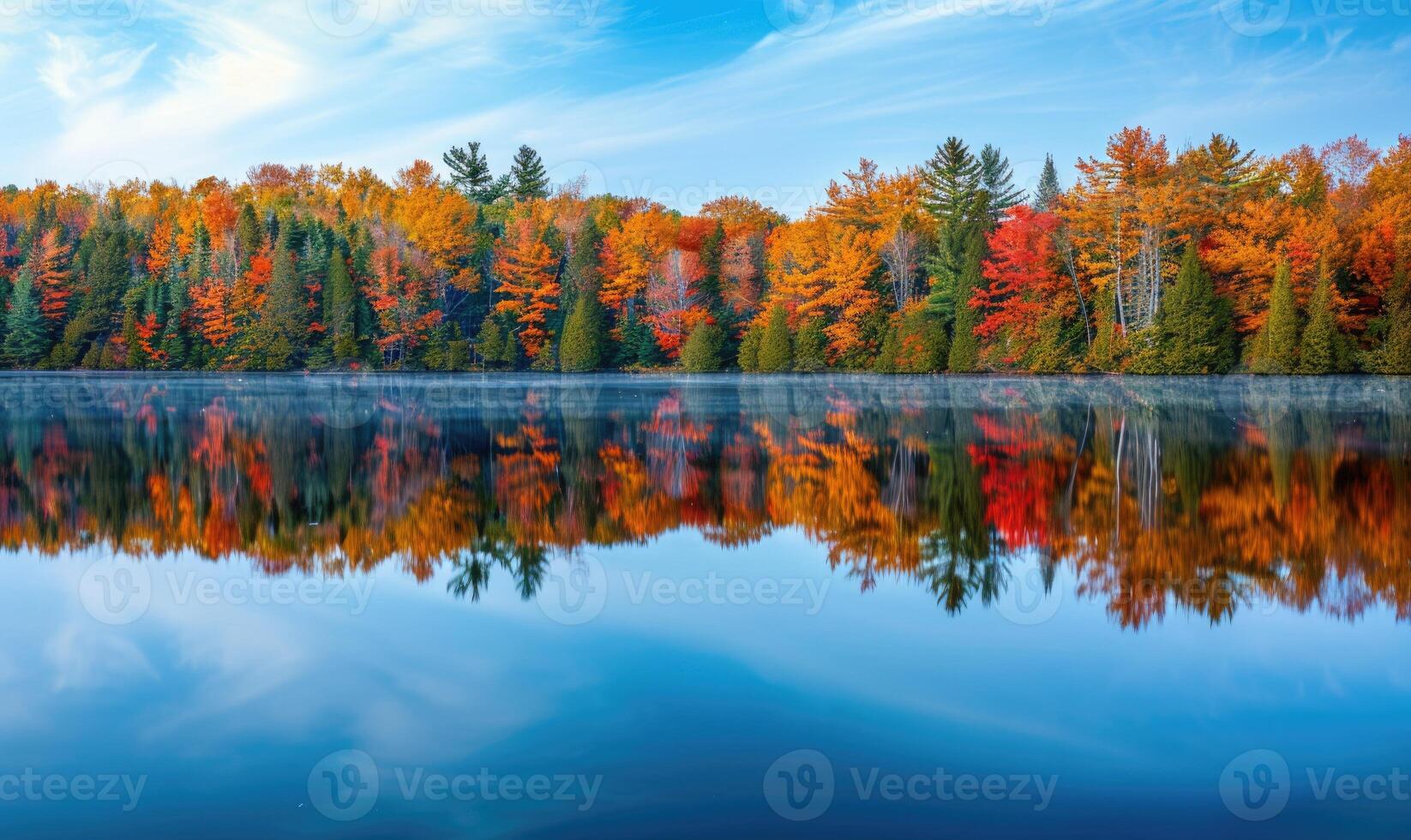 The vibrant colors of autumn reflected in the crystal-clear waters of the lake photo