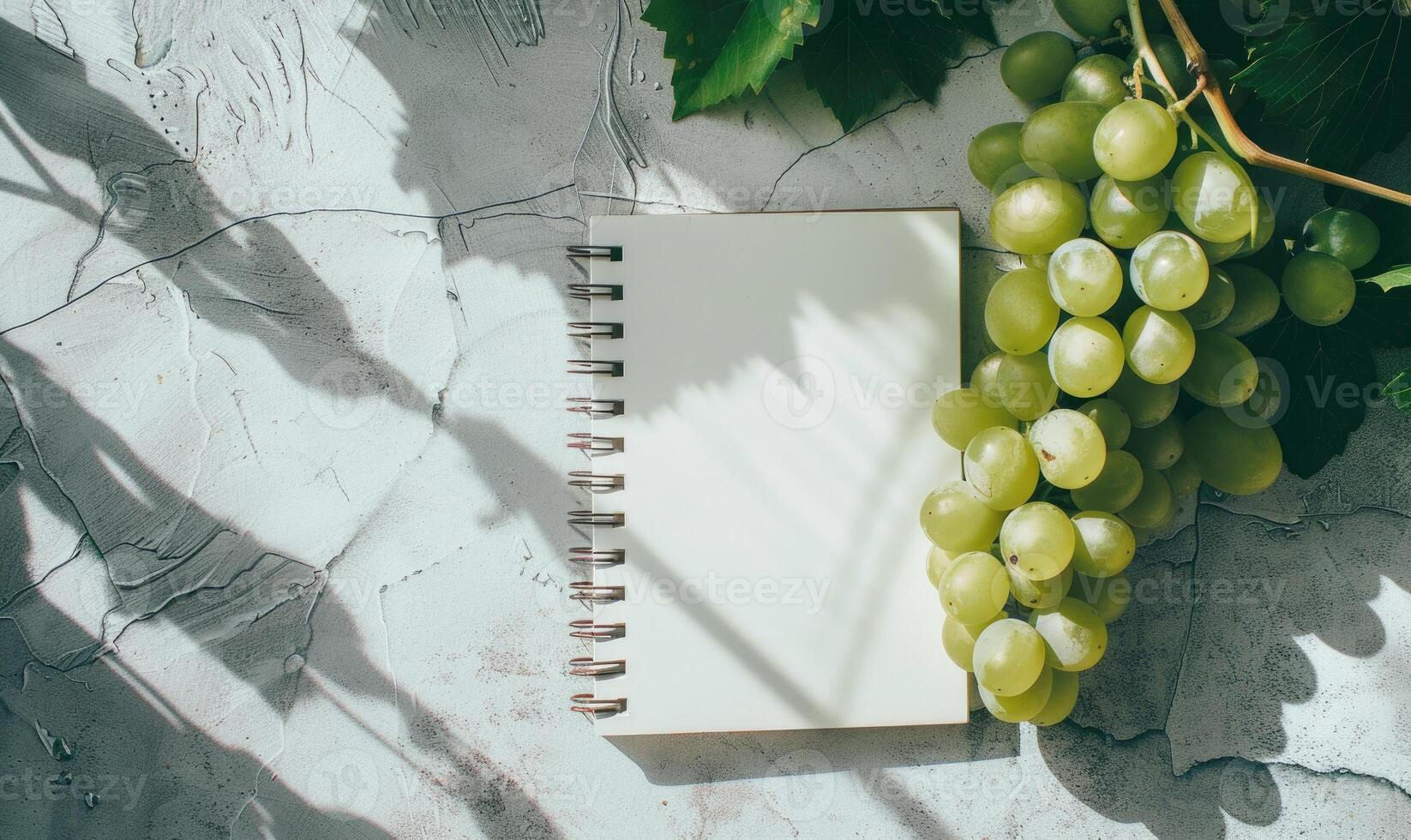 Closed notebook on a light gray table with a bunch of grapes on the right, soft window light photo