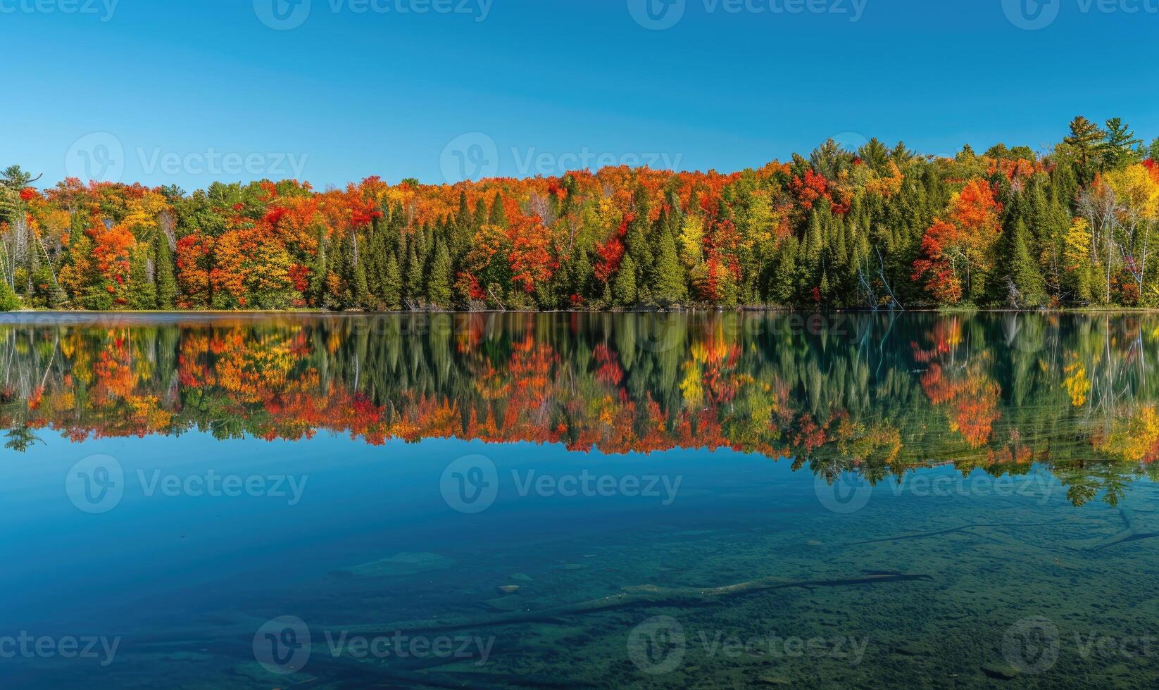 The vibrant colors of autumn reflected in the crystal-clear waters of the lake photo