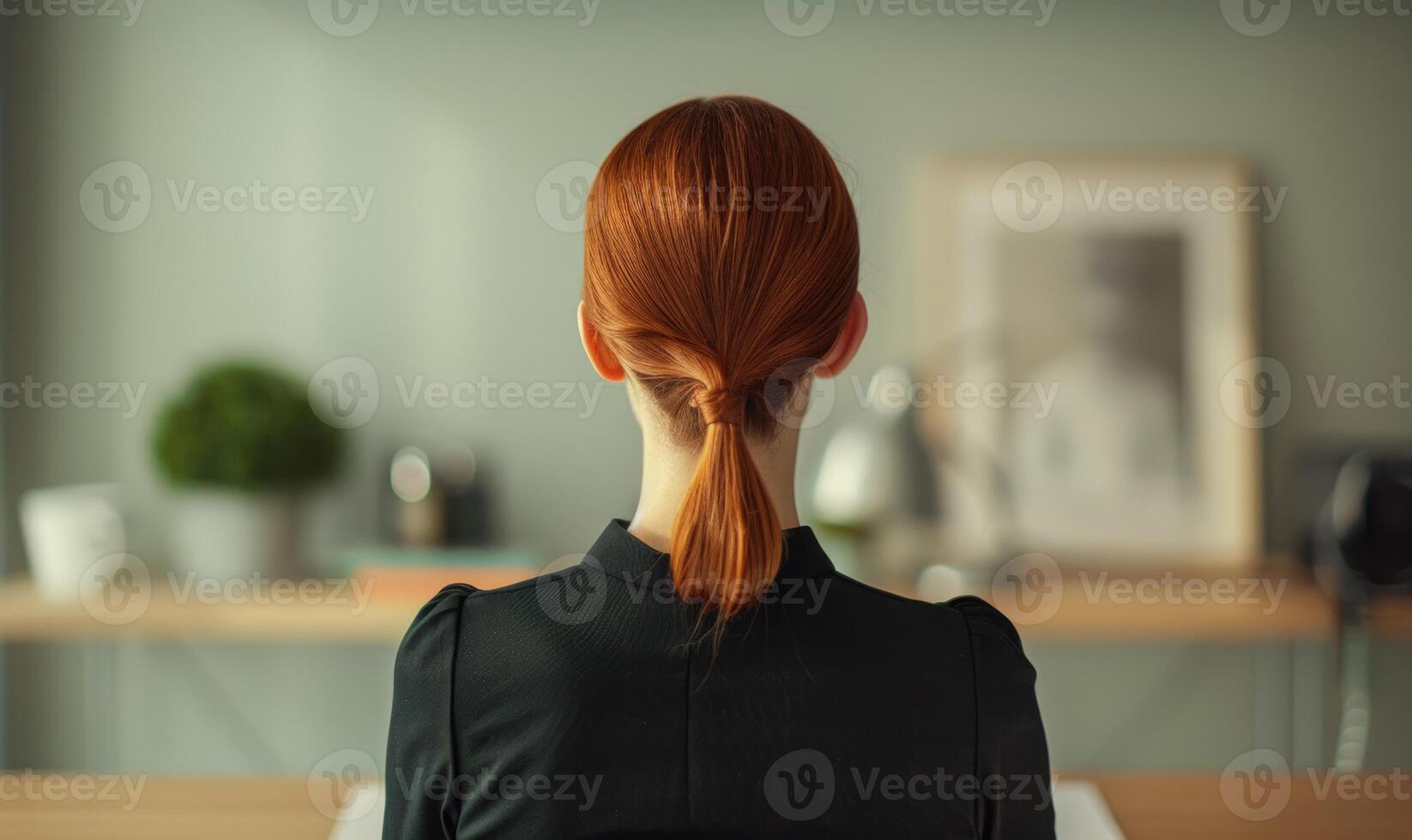 A woman with mahogany hair styled in a sleek ponytail, back view photo