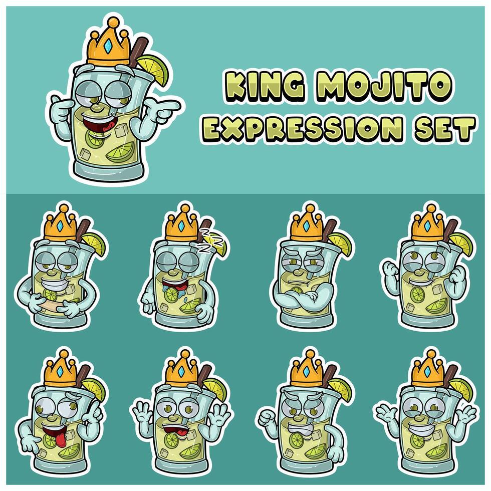 Cartoon Mascot Of Mojito Character with king and expression set. vector