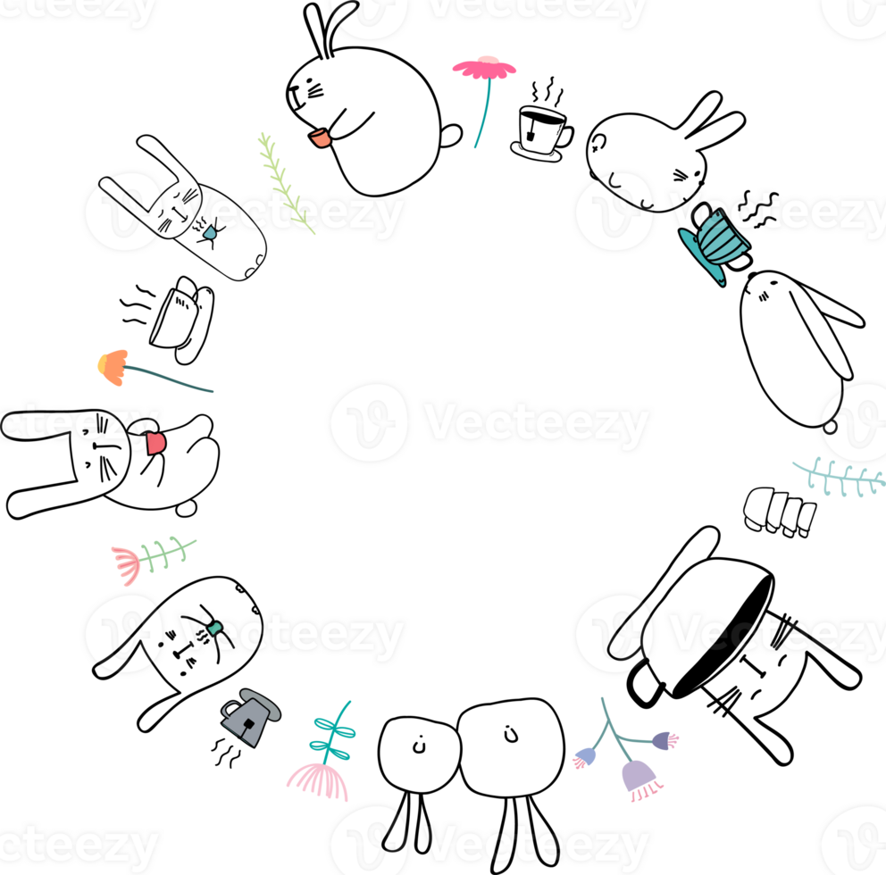 Cute cartoon bunny round frame illustration on transparent background. png