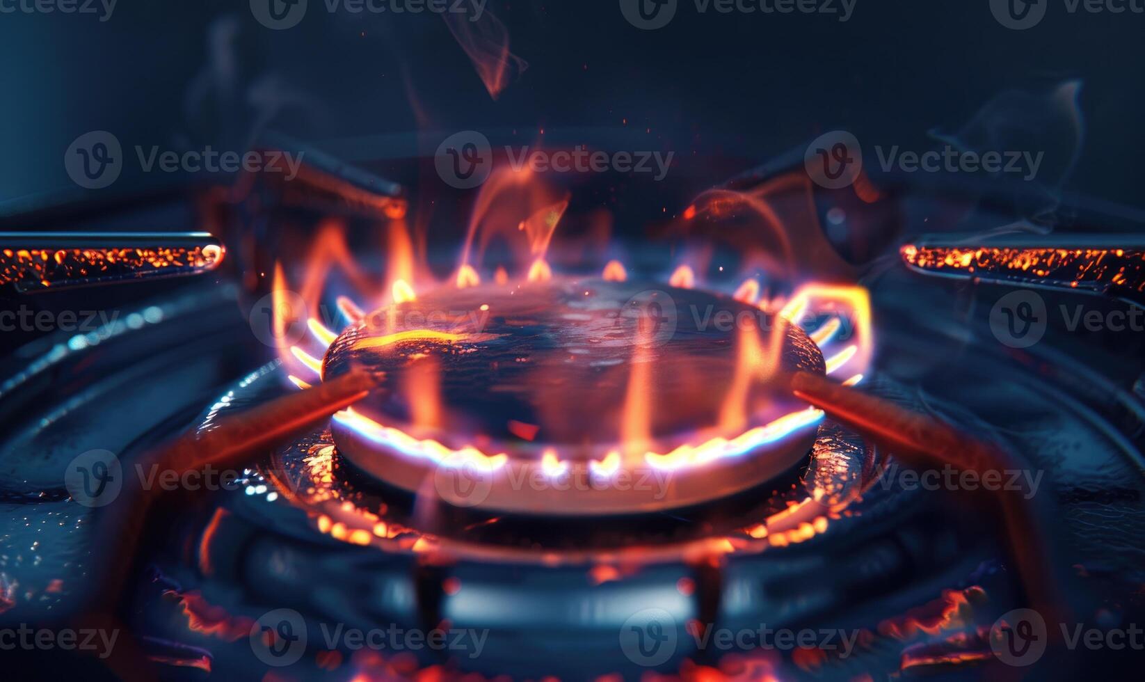 Extreme close-up of a gas cooktop burner emitting a steady flame photo