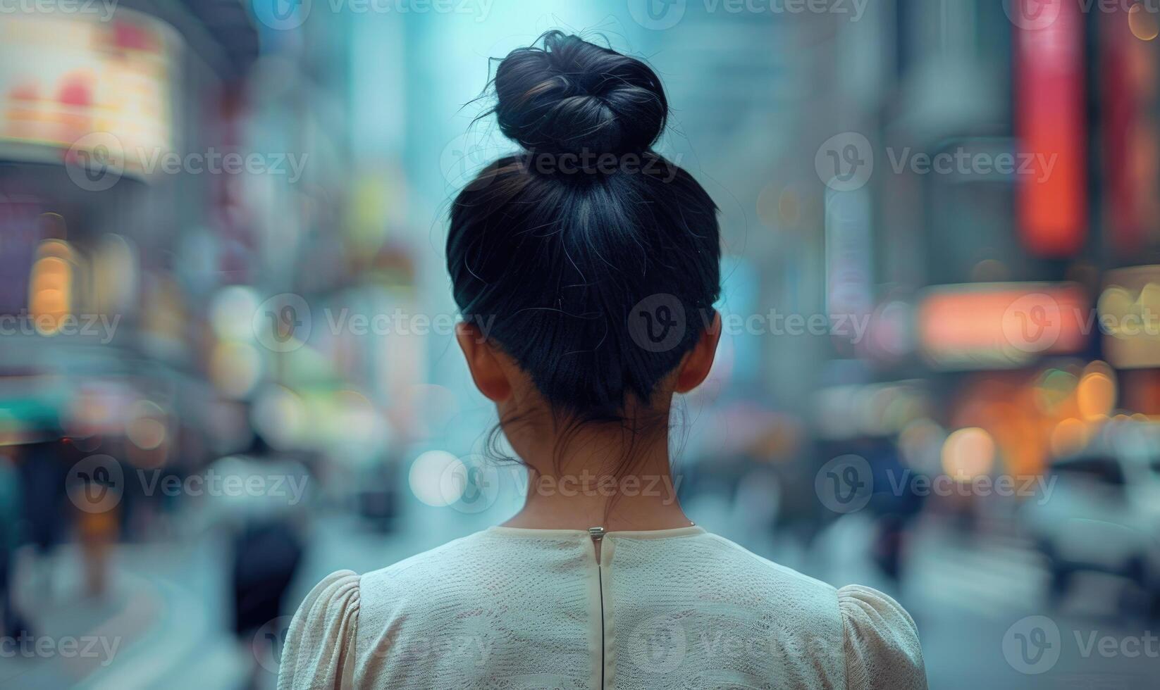 An elegant woman with short black hair, styled neatly in a bun, looking on the street photo
