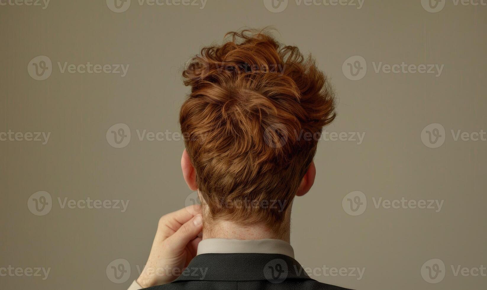 A man with auburn hair on neutral background, back view photo