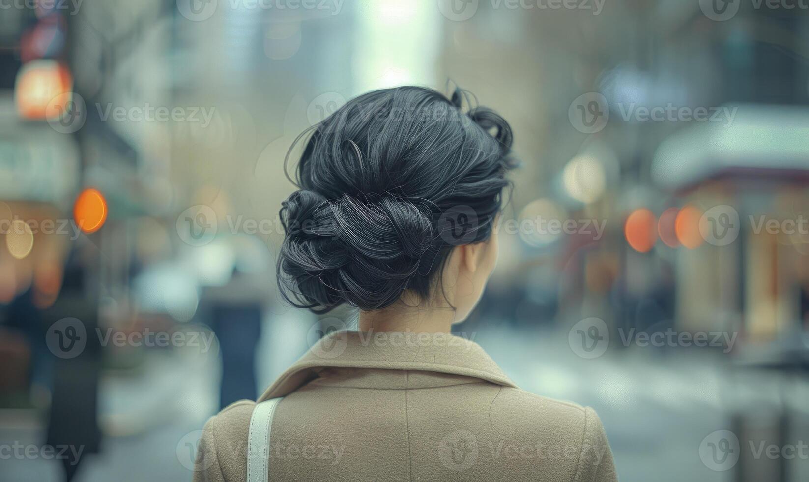 An elegant woman with short black hair, styled neatly in a bun, looking on the street photo