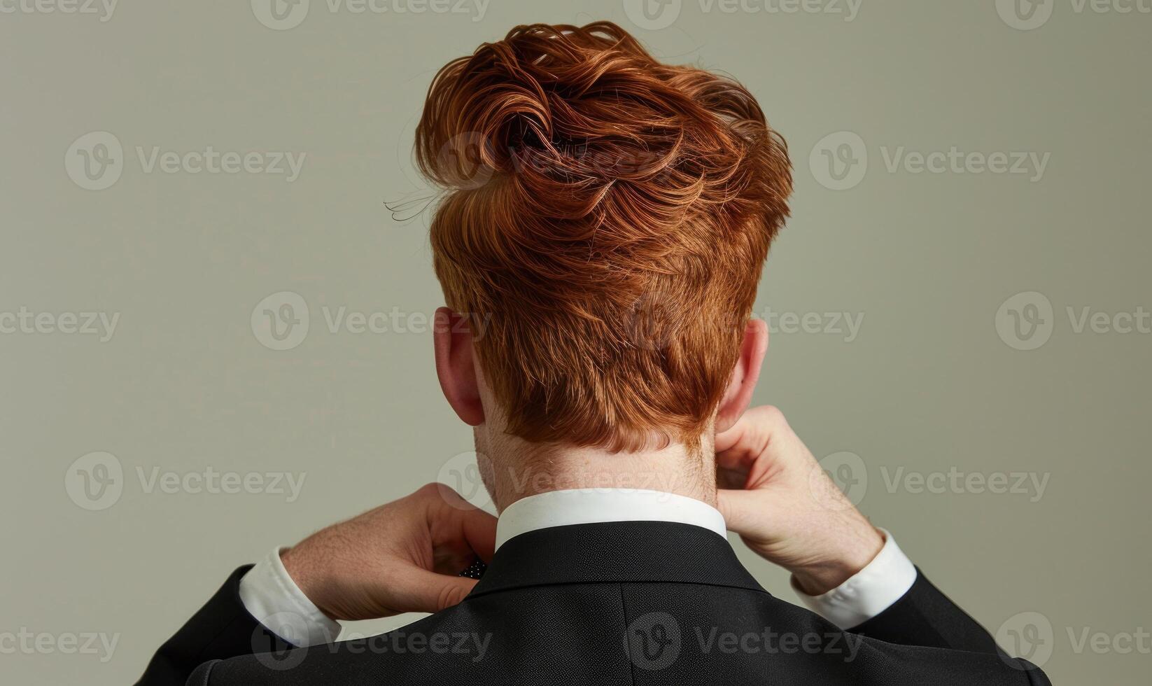 A man with auburn hair on neutral background, back view photo