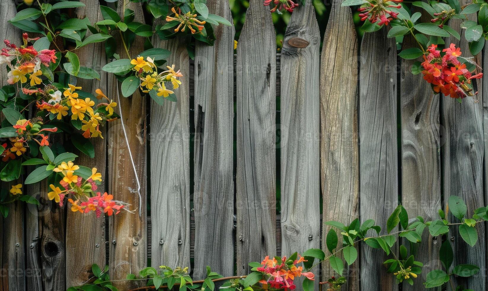 Wooden fence with honeysuckle photo