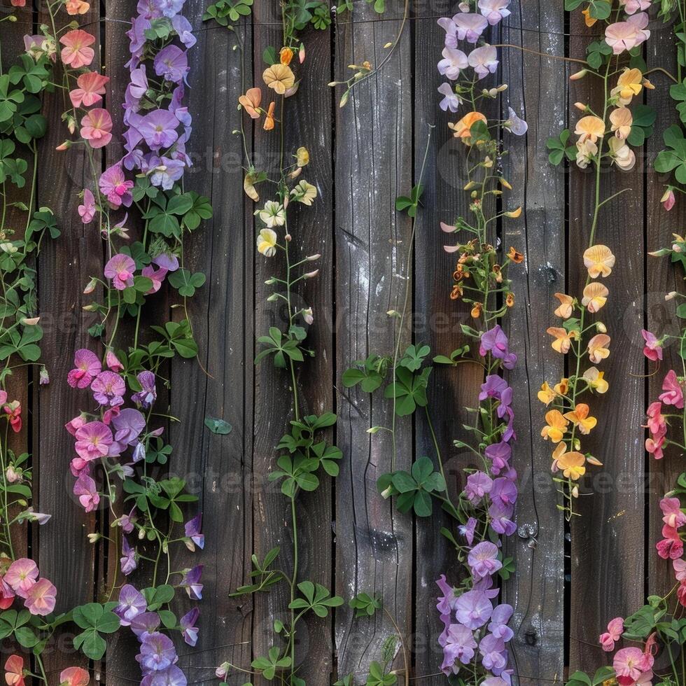 Wooden fence with sweet pea photo