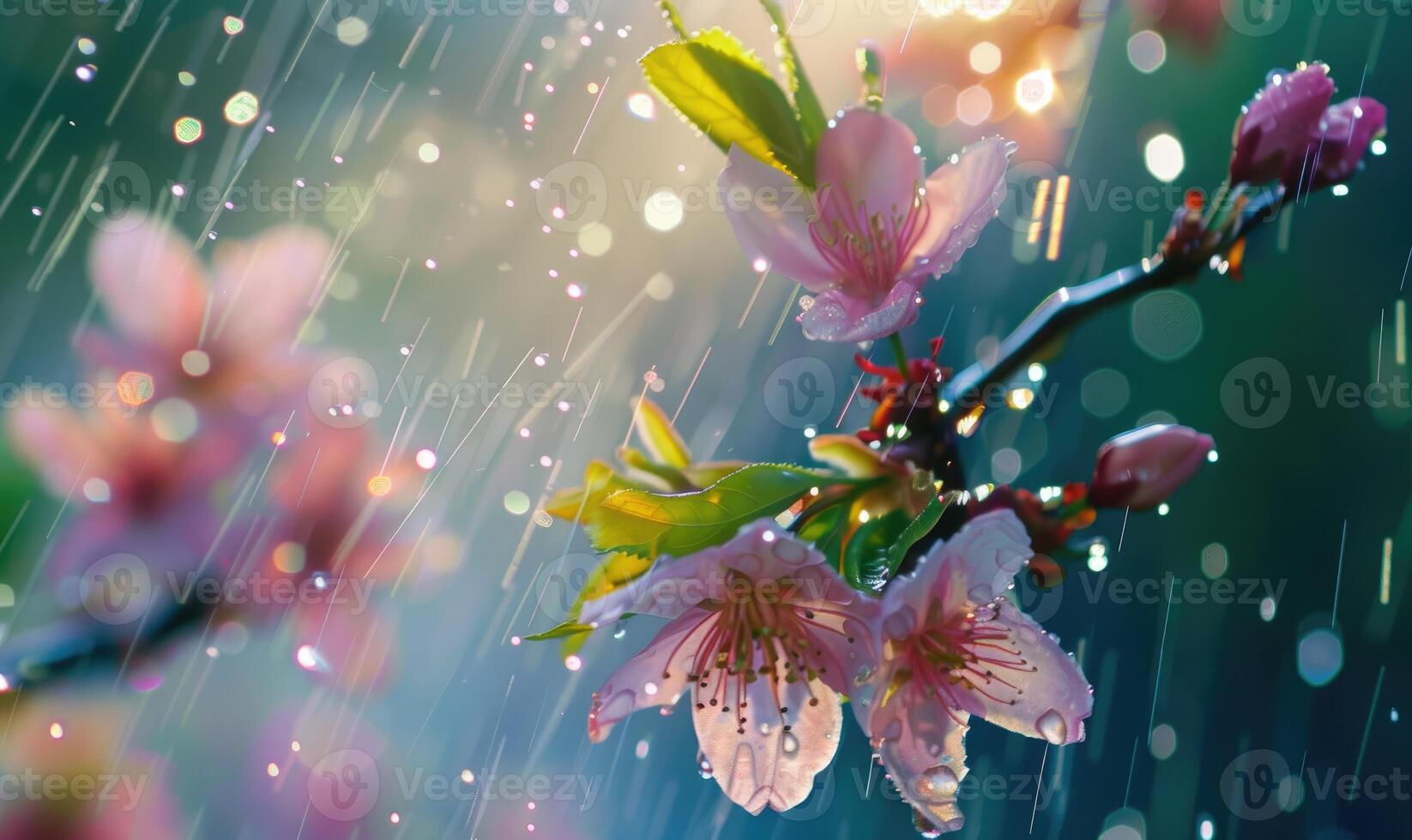 Almond blossoms under the rain, closeup photo