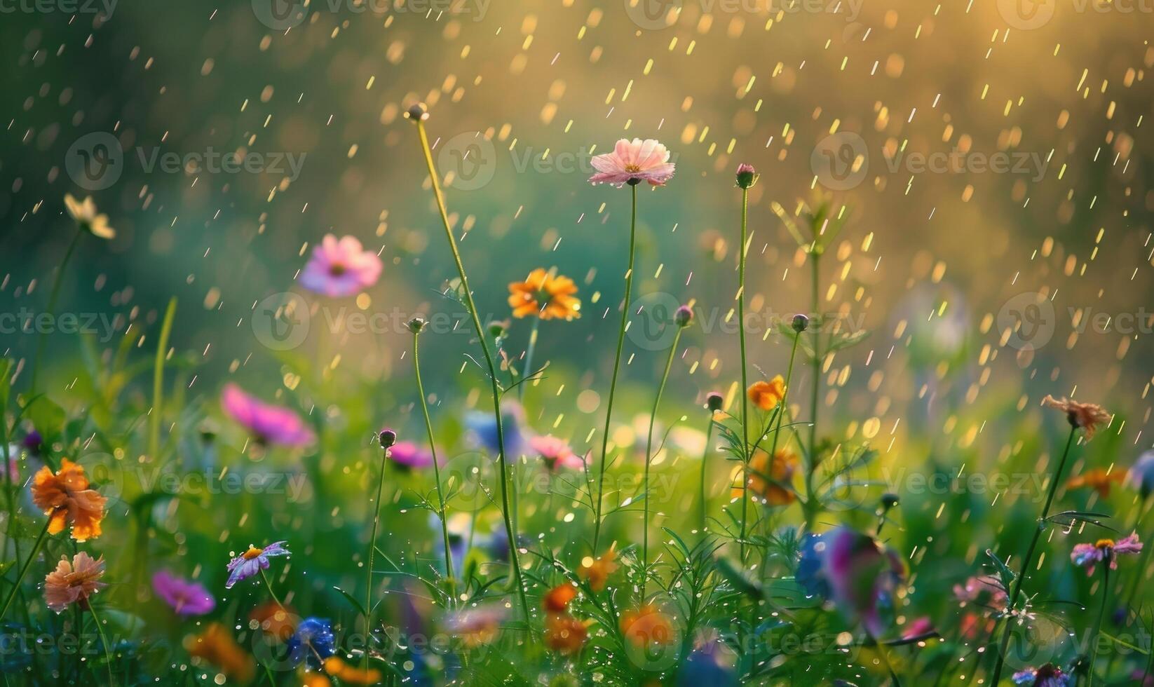 Wildflowers under the rain, nature background photo