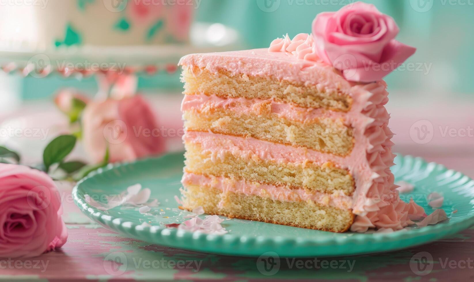 Rose and lemon cake with rose frosting on a pastel green plate photo