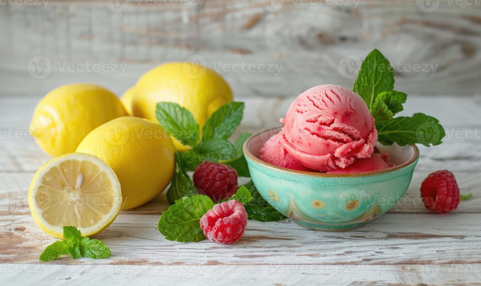 Lemon and raspberry sorbet with mint leaves on a light wooden background photo