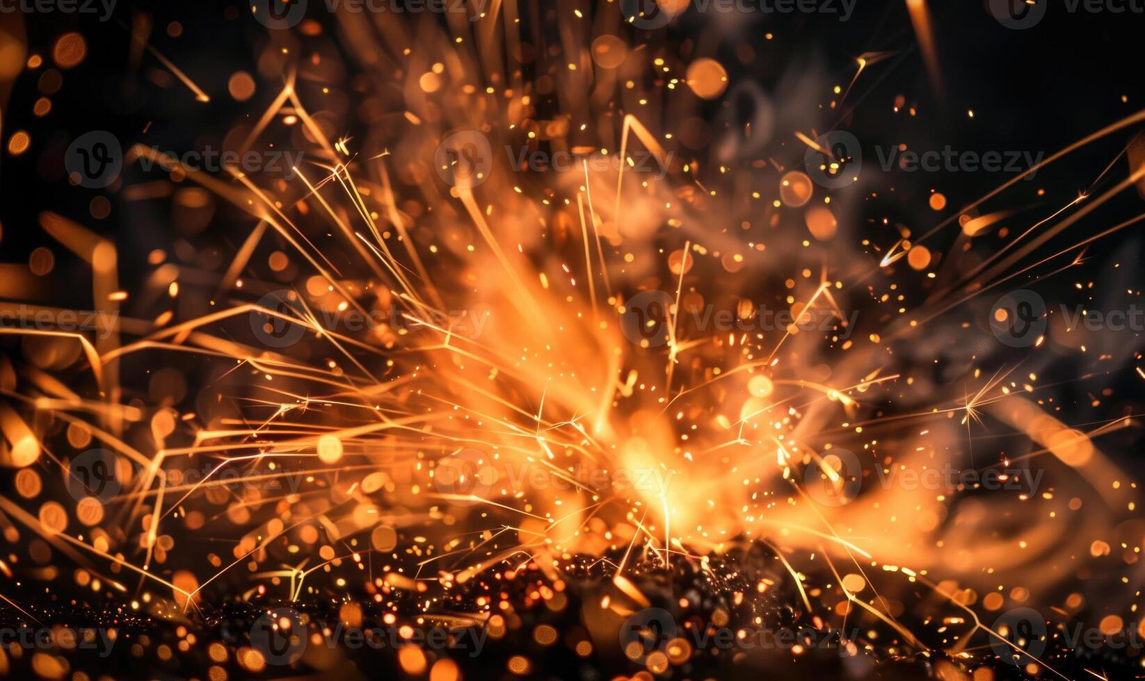 Macro photograph capturing the intricate details of flames and sparks in an explosion against a black backdrop photo