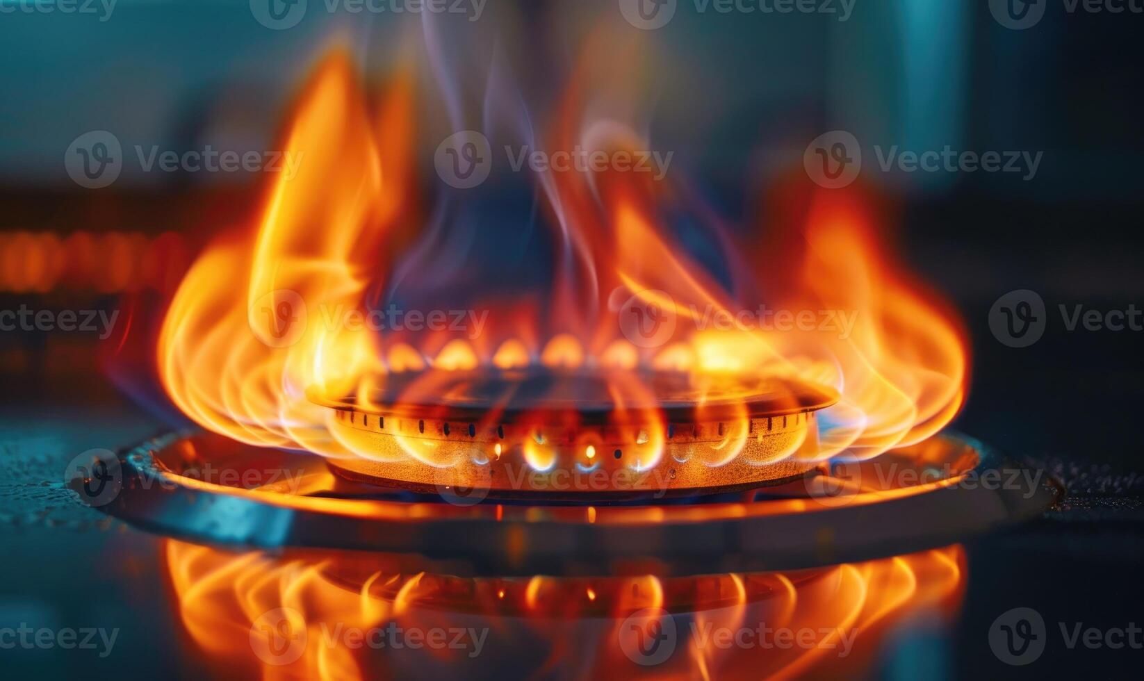 Extreme close-up of a gas cooktop burner emitting a steady flame photo