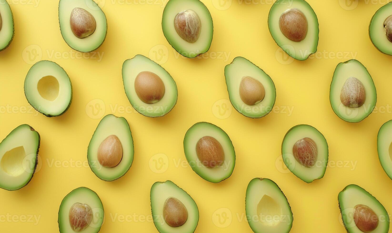 Fresh avocado slices arranged in a circular pattern on a pastel yellow background photo