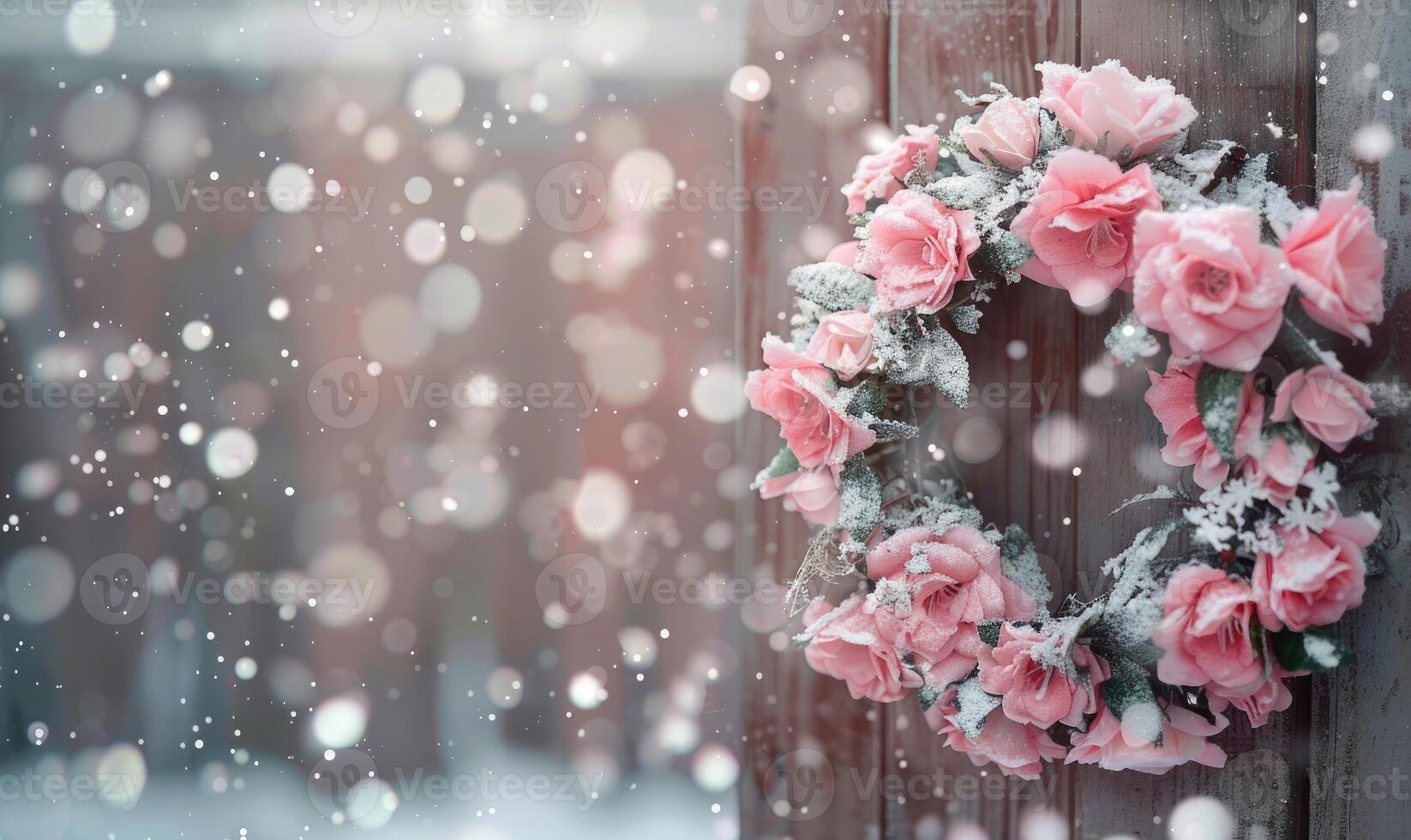 Pastel pink rose wreath in the snow on wooden background photo
