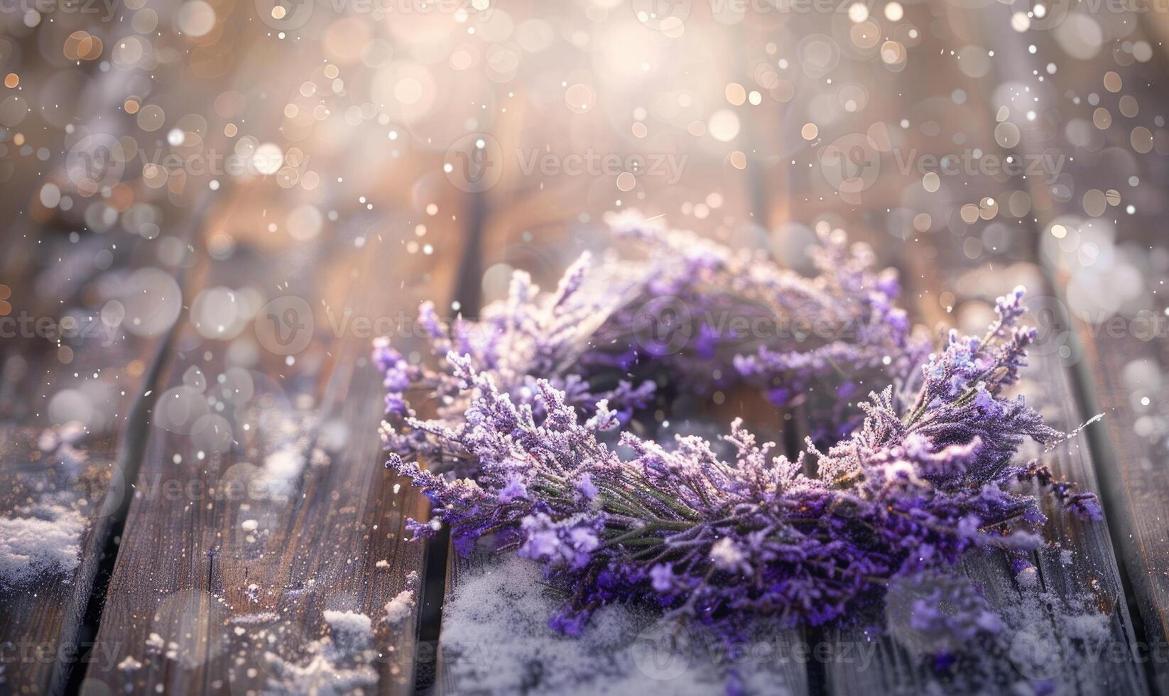 Soft lavender wreath in the snow on wooden background photo